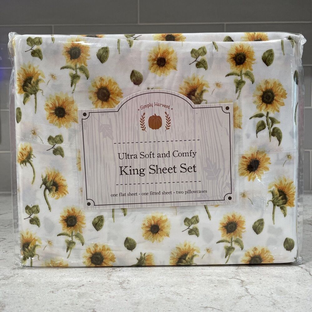 SUNFLOWER Floral KING Sheet Set Printed Bed Sheets Soft Cozy Simply Harvest Fall